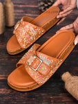 Embroidered Buckle Flats (Brown)